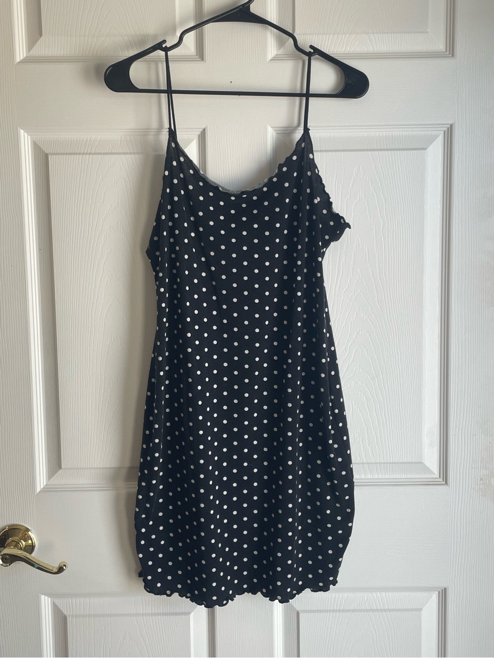 Black Polka Dot Bodycon Dress with White Dots and lettuce trim hem Size Large